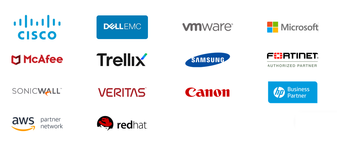 Our partners: Cisco, Dell EMC, VMware, Microsoft, McAfee, Trellix, Samsung, Fortinet, SonicWall, Veritas, Canon, HP, AWS and Red Hat